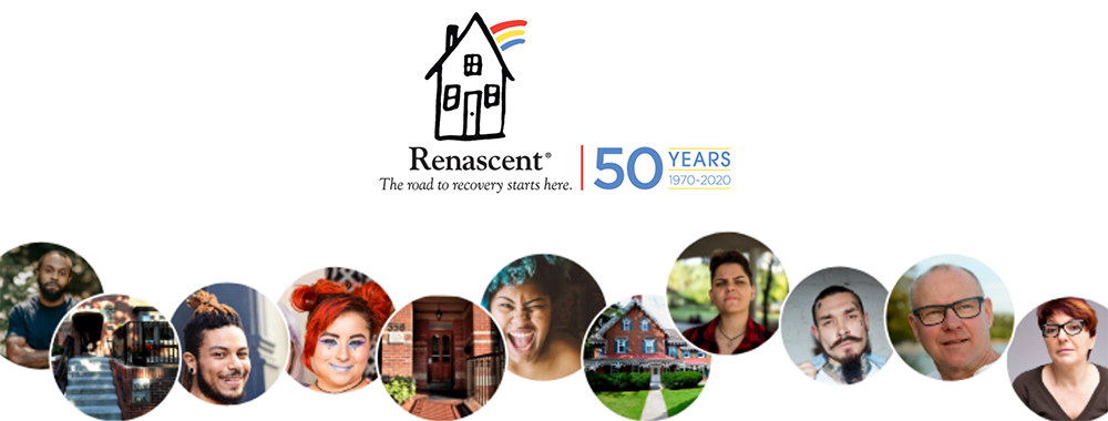 Renascent's 50th Year logo, house with rainbow, and nine circle bubles with images of faces that represent Renascent clients. Every second buble is an image of the doors to one of the treatment centres.