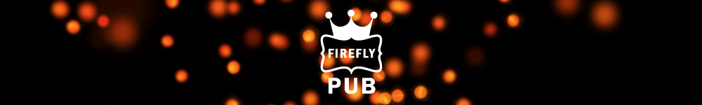 logo for Firefly Pub aganist a black background with orange glwoing fireflies scattered throughout